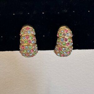 1980s Vintage Gold Tone and Multicolor Faux Stone Clip Earrings